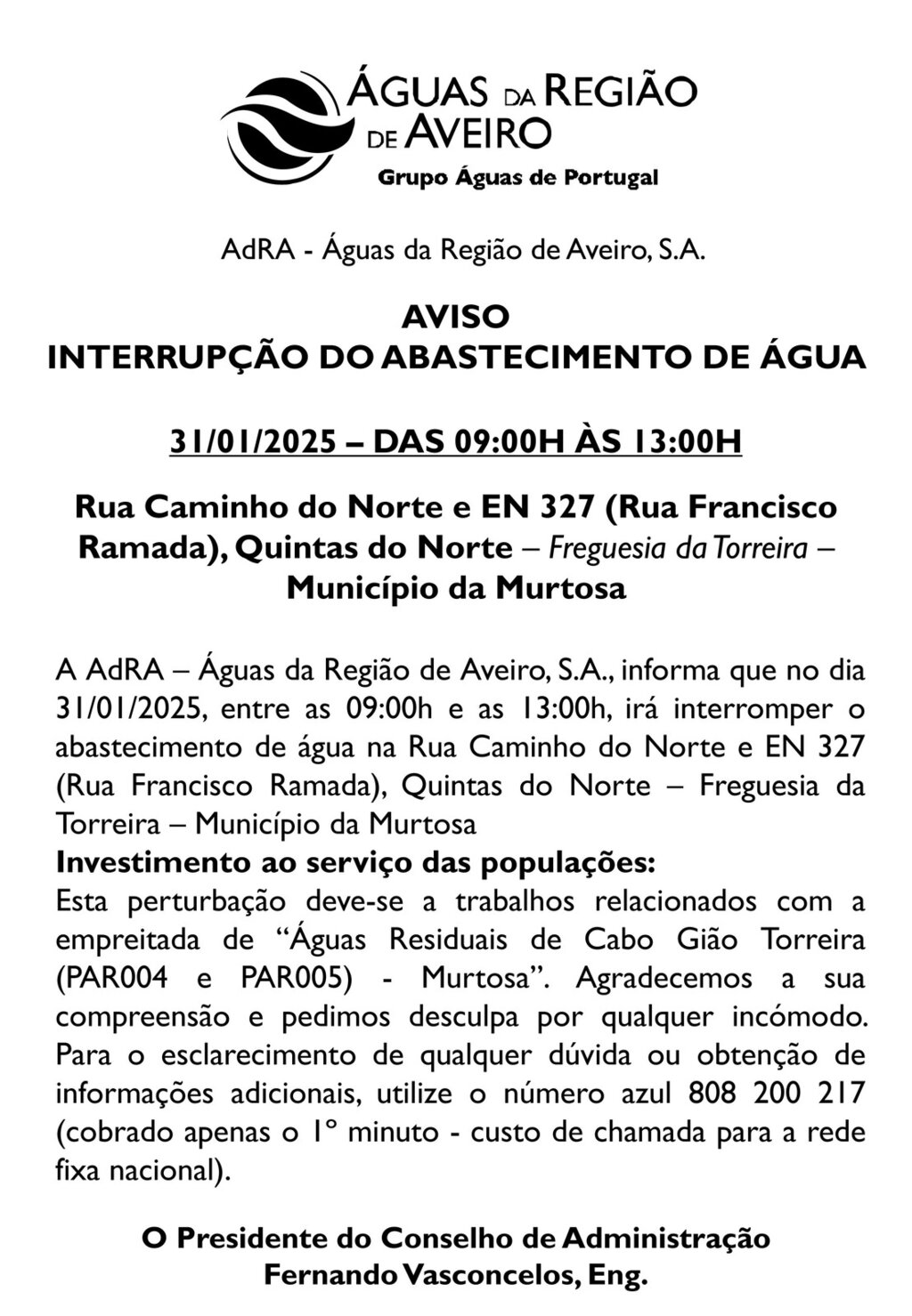 ADRA - AVISO INTERRUPÇÃO ABASTECIMENTO DE ÁGUA