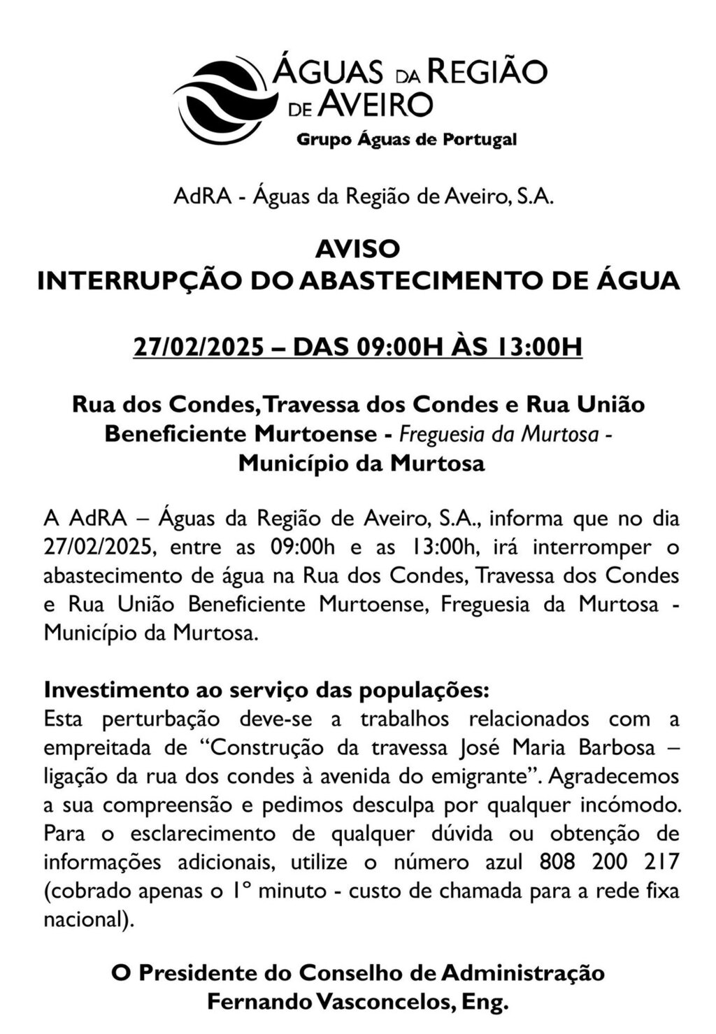AVISO ADRA - INTERRUPÇÃO DO ABASTECIMENTO DE ÁGUA