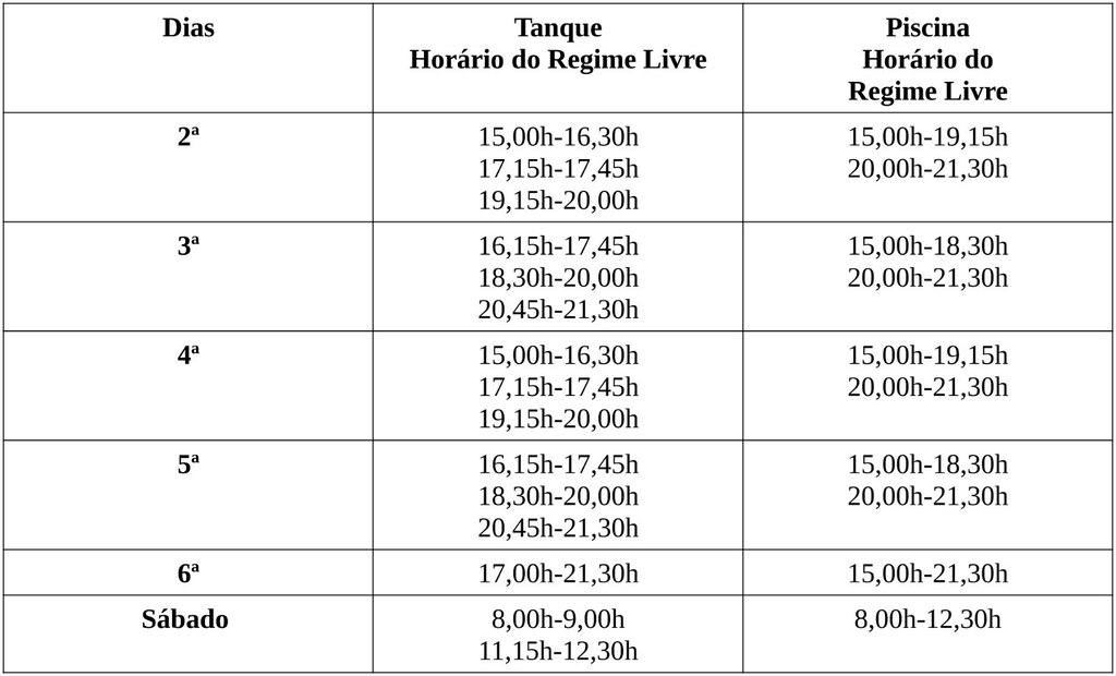 Hor&aacute;rio do Regime Livre